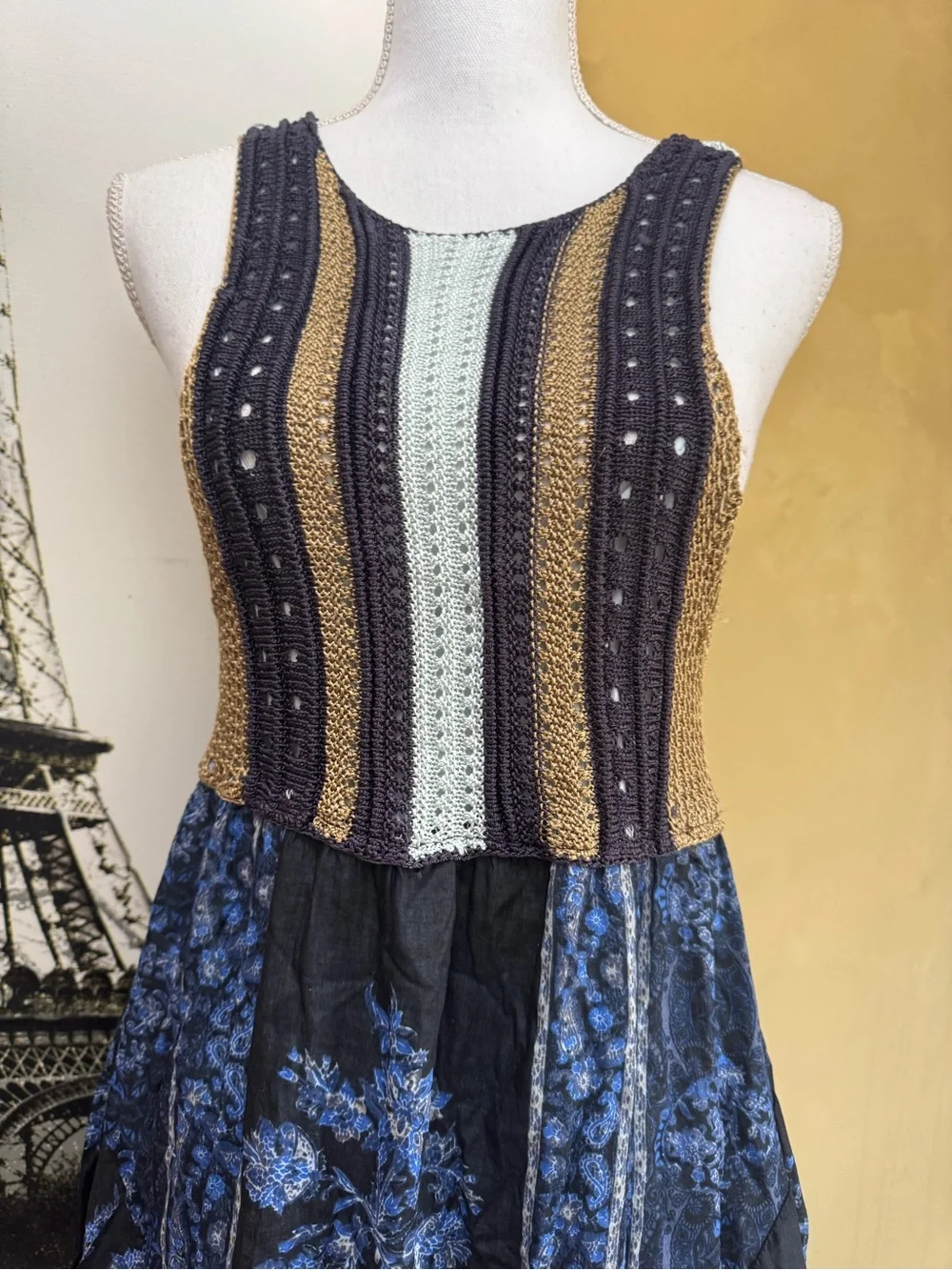 Free People Boho Multicolor Striped Knit & Floral Mix-Media Dress